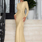 JOSALIE™ - Elegant Ruched Bodycon Dress with Padded Shoulders & Long Sleeve