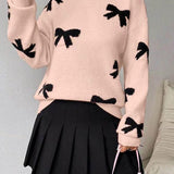 FRANCES™ - Fashionable Bow Print O-Neck Knit Winter Sweater Pullover
