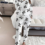 HALLIE™ - Bow Print V-Neck Long Sleeve Top & Tie Waist Pants Set