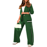 SUZETTE™ – Elegant Patchwork Lapel Neck Top and Elastic Waist Trouser Set