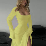 ERIN™ - Sophisticated Lace-Up Tie Back Flounce Sleeve A-Line Long Dress