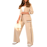 SUZETTE™ – Elegant Patchwork Lapel Neck Top and Elastic Waist Trouser Set
