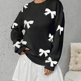 FRANCES™ - Fashionable Bow Print O-Neck Knit Winter Sweater Pullover