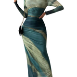 TESSIE™ - Women's All-Over Print Ruched Bodycon Dress Long Sleeve Round Neck Dress for Party