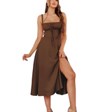 ARIELLOU™ – Elegant Lace-Up Square Neck Midi Dress