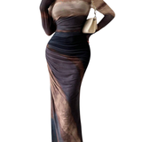 TESSIE™ - Women's All-Over Print Ruched Bodycon Dress Long Sleeve Round Neck Dress for Party