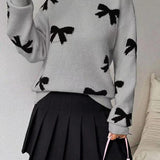 FRANCES™ - Fashionable Bow Print O-Neck Knit Winter Sweater Pullover