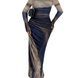 TESSIE™ - Women's All-Over Print Ruched Bodycon Dress Long Sleeve Round Neck Dress for Party
