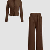 FLORLIE™ - Women’s Ribbed Crop Top & Elastic Waist Pants Casual Set