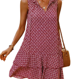 DORA™ - Women’s Geometric Print Bow Dress Casual Fitted Woven Dress with Multi-Layer Cake Skirt