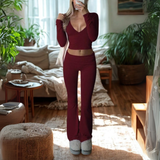 SINA™ - Casual V-Neck Long Sleeve Crop Top and Pants Set