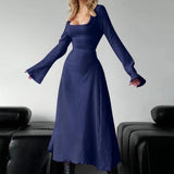 ERIN™ - Sophisticated Lace-Up Tie Back Flounce Sleeve A-Line Long Dress