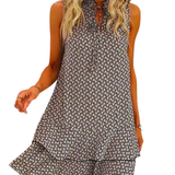 DORA™ - Women’s Geometric Print Bow Dress Casual Fitted Woven Dress with Multi-Layer Cake Skirt