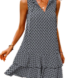DORA™ - Women’s Geometric Print Bow Dress Casual Fitted Woven Dress with Multi-Layer Cake Skirt