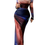 TESSIE™ - Women's All-Over Print Ruched Bodycon Dress Long Sleeve Round Neck Dress for Party