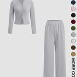 FLORLIE™ - Women’s Ribbed Crop Top & Elastic Waist Pants Casual Set