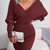 BLAKE™ - Wrapped V-Neck Sweater Dress with Slim-Fit Long Sleeves
