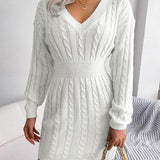 HOLLY™ - Cozy Long Sleeve V-Neck Cable Knit Sweater Dress