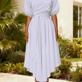 ZEBY™ - Elegant Women's Belted Bishop Sleeve Boat Neck A-Line Dress
