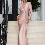 JOSALIE™ - Elegant Ruched Bodycon Dress with Padded Shoulders & Long Sleeve