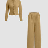 FLORLIE™ - Women’s Ribbed Crop Top & Elastic Waist Pants Casual Set