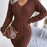 HOLLY™ - Cozy Long Sleeve V-Neck Cable Knit Sweater Dress