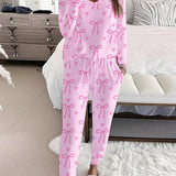 HALLIE™ - Bow Print V-Neck Long Sleeve Top & Tie Waist Pants Set