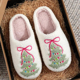 HOLLY™ - Christmas Bowknot Embroidered Plush Slippers with Tree Design
