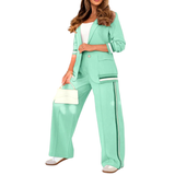 SUZETTE™ – Elegant Patchwork Lapel Neck Top and Elastic Waist Trouser Set