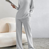 SUMMER™ - Casual V-Neck Long Sleeve Top & Straight Leg Lounge Pants Set