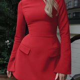 HAZEL™ - Chic A-Line Dress with Stand Collar and Long Sleeves