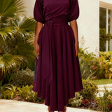 ZEBY™ - Elegant Women's Belted Bishop Sleeve Boat Neck A-Line Dress