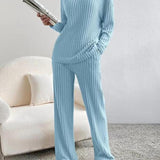 SUMMER™ - Casual V-Neck Long Sleeve Top & Straight Leg Lounge Pants Set