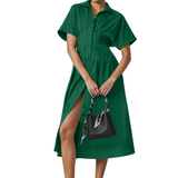 DORINDA™ – Pleated Waist-Cinching Shirt Dress