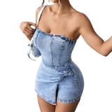 VIXEN™ – Twisted Front Strapless Denim Romper