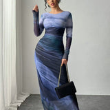 JULIA™ - Comfy Printed Long Sleeve Round Neck Bodycon Maxi Dress