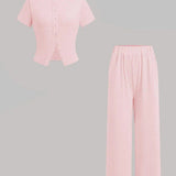 MIRANDA™ - Casual Button Front Top and Wide Leg Pants Set