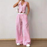 HELENA™ - Elegant Striped Print Vest Top & Wide-Leg Pants Set