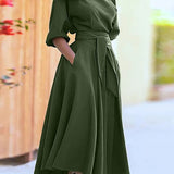 ZEBY™ - Elegant Women's Belted Bishop Sleeve Boat Neck A-Line Dress