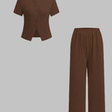 MIRANDA™ - Casual Button Front Top and Wide Leg Pants Set
