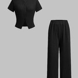 MIRANDA™ - Casual Button Front Top and Wide Leg Pants Set