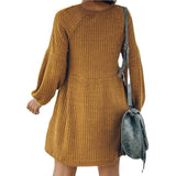 SAKA™ - Cozy Ribbed Bishop Sleeve Round Neck Mini Dress