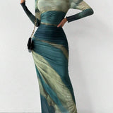 JULIA™ - Comfy Printed Long Sleeve Round Neck Bodycon Maxi Dress