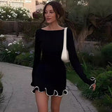 SARAH™ - Elegant Colorblock Wave Hem A-Line Long Sleeve Dress