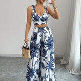 THAWDI™ - Elegant Boho Printed Crop and Wide Leg Pants Set