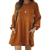 SAKA™ - Cozy Ribbed Bishop Sleeve Round Neck Mini Dress