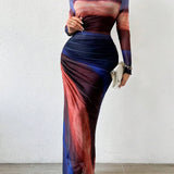 JULIA™ - Comfy Printed Long Sleeve Round Neck Bodycon Maxi Dress