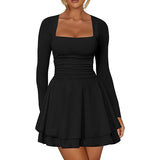 WINONA™ - Women's Square Neck Ruffle Hem Mini Dress Ruched Waist & Long Sleeve