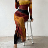 JULIA™ - Comfy Printed Long Sleeve Round Neck Bodycon Maxi Dress