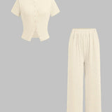 MIRANDA™ - Casual Button Front Top and Wide Leg Pants Set